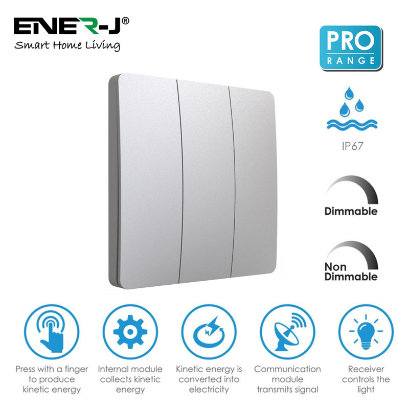 Ener - J 3 Gang Wireless Kinetic Light Switch Dimmable Silver IP56