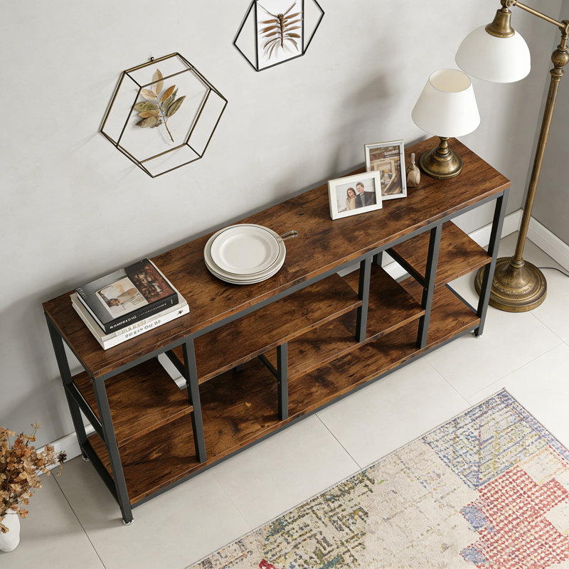 Entryway Sofa Table with Storage Shelves, Rustic Brown & Black