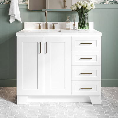 Freitas 42" Solid Wood Single Bathroom Vanity in Natural Oak with 1.5" Carrara White Quartz Top, Left Offset, Rectangle Sink