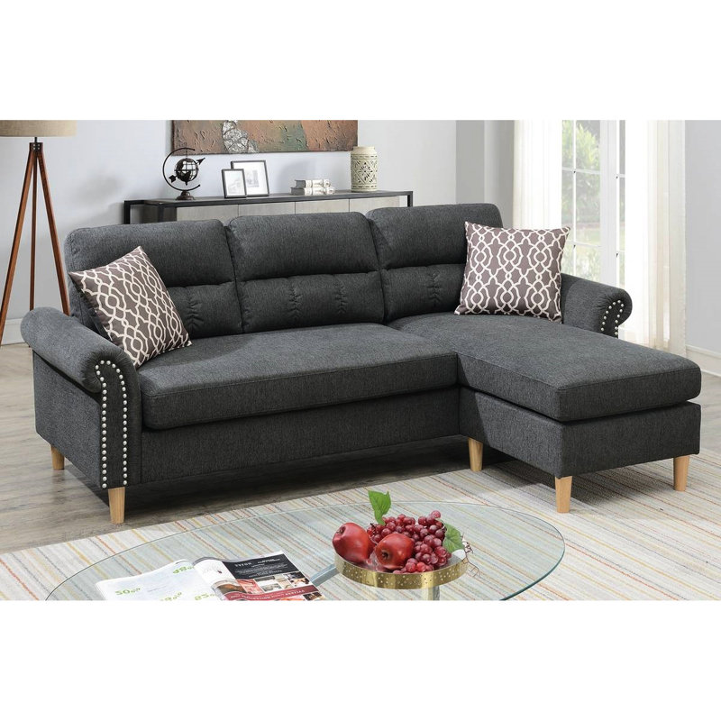 Canapé modulaire réversible gris ardoise avec repose-pieds et coussins de couleur contemporaine, Gris chenille