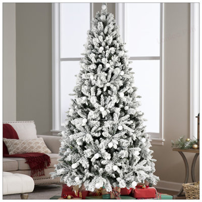 Snowy Flocked Christmas Tree With 850 UL Lights And 63 Natural Pine Cones, Hinged Structure, Stable Metal Stand, Easy Setup