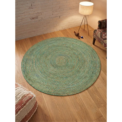 Hand Braided 3' x 3' Cotton & Jute Contemporary Green Round Indoor Area Rug