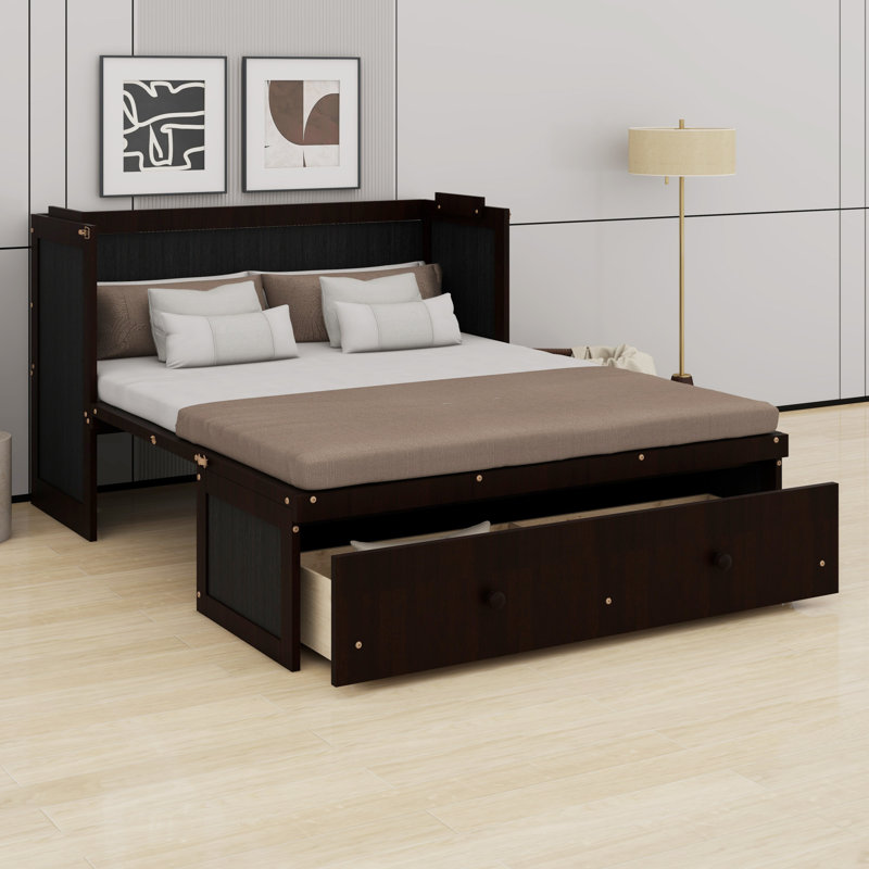 Lit escamotable avec port USB et grand tiroir, Lit double, Espresso