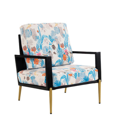 Antique Blue Velvet Armchair With Comfortable And Gold Metal Base Mid-Century Modern Accent Chair Wide & Floral Pattern