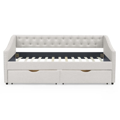Daybed with Spacious Drawers, Upholstered Tufted Sofa Bed, Button Back and Copper Nail Waved Arms for Modern Living