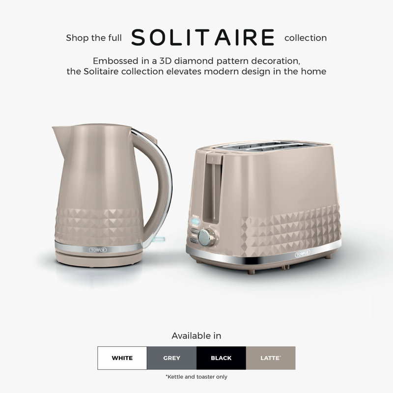 Tower Solitaire Kitchen Set, 1.5L Rapid Boil Kettle & 2 Slice Toaster, Latte