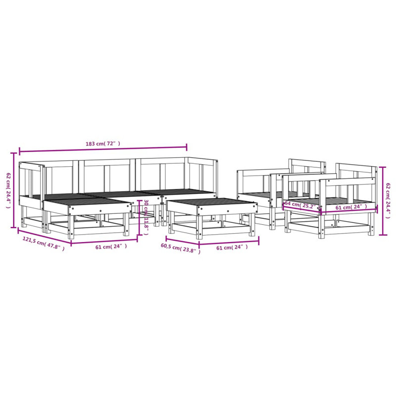  Ensemble de salon de jardin modulaire en bois de pin massif blanc moyen