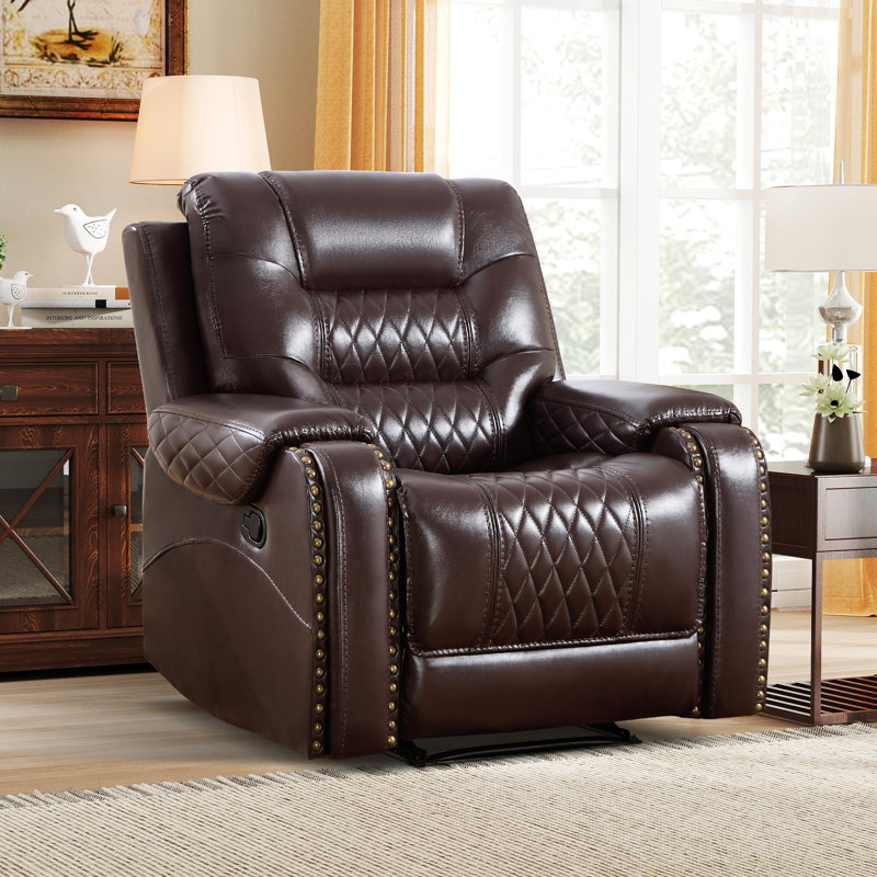 34.6'' Wide Modern Upholstered Faux Leather Manual Recliner Chair With Quilted Stitching & Nailhead Trim, Dark Brown