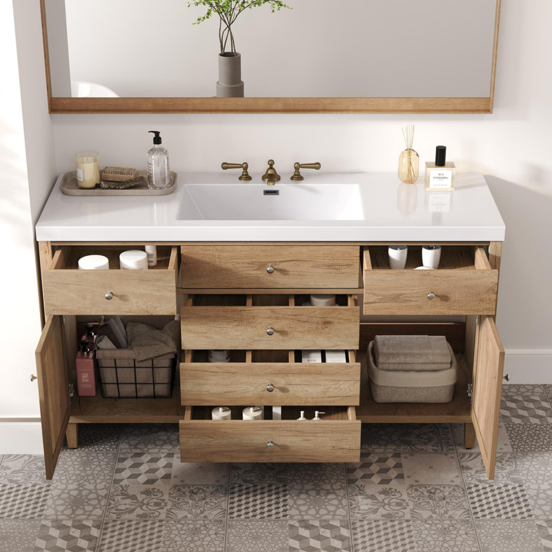 Meuble-lavabo de 60 po avec lavabo SMC, grande armoire de rangement moderne avec tiroirs à fermeture en douceur et portes en rotin, poignées en métal argenté et 5 pieds en pin