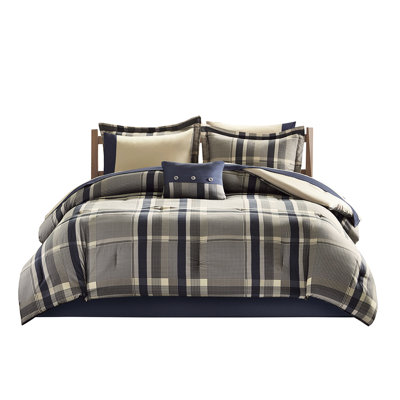Twin Bedding With Plaid Comforter - Soft Brushed Microfiber, Navy Multi Sheets Soft, Breathable, Machine Washable