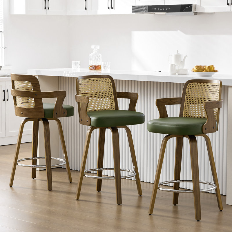 Upholstered Cane Back Counter & Bar Stool With Armrest, Green, 1
