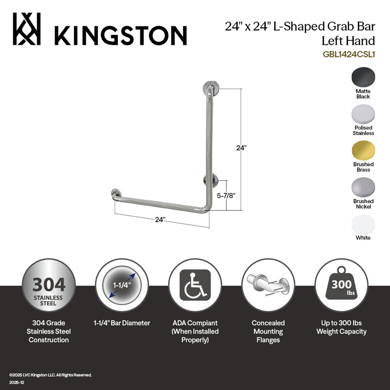 Barre d'appui en L Kingston de 24 po x 24 po en forme de L Kingston, 1-1 / 4 po de diamètre extérieur, gauche, Miroir