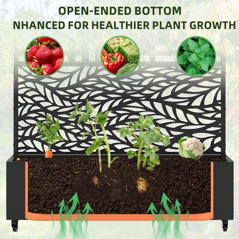 72"H Two-tone Patio Planter Box with Trellis Metal Raised Garden Bed with Wheels Decorative Privacy Screen , 1