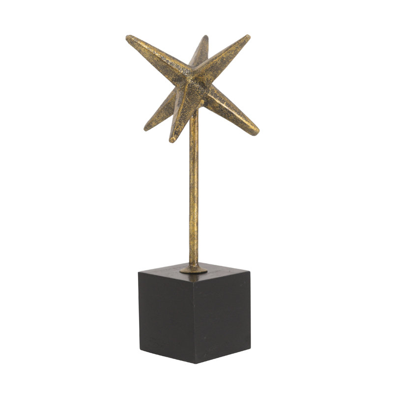 Iron Starburst Sculpture with Wooden Block Base - Gold/Black - 3x3x11"