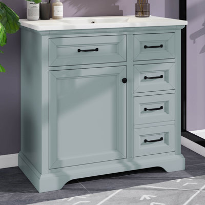 Meuble-lavabo de 36 po avec lavabo, meuble-lavabo avec lavabo en céramique, 2 tiroirs et charnières de porte à fermeture en douceur