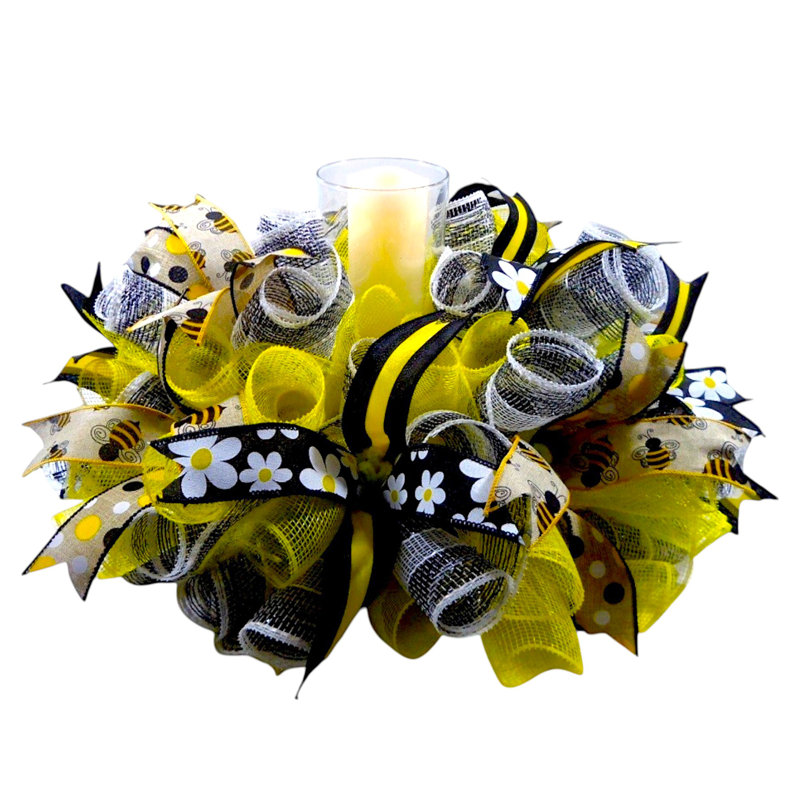 Spring Daisy & Bee Mesh Candle Ring Centerpiece for Tabletop or Entryway Décor