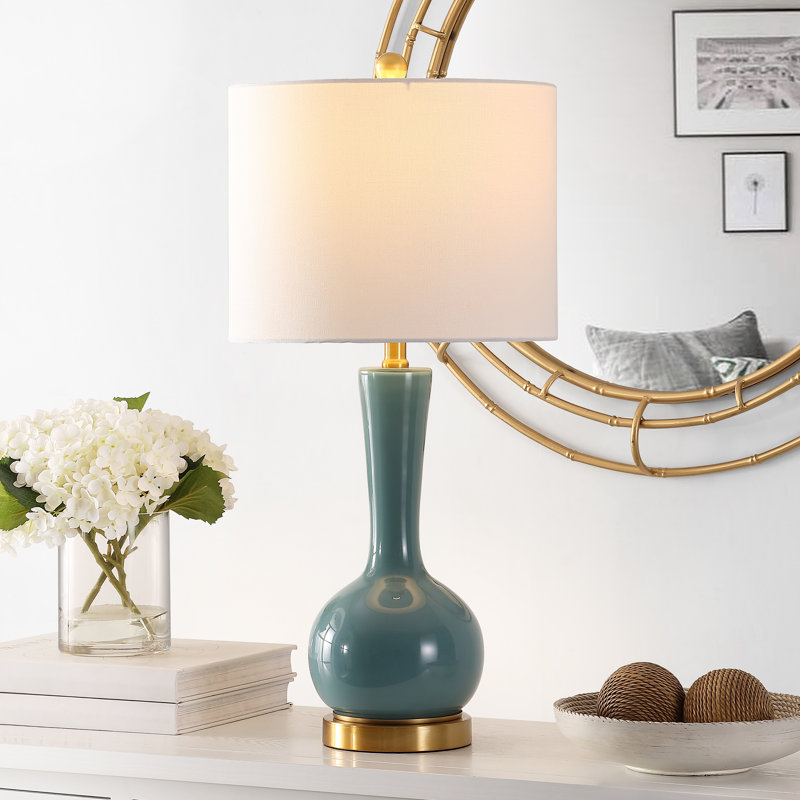 Teal and White Glass Gourd Table Lamp with Drum Shade