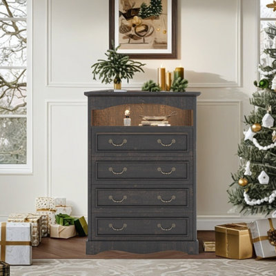 Commode 4 tiroirs 31,5 po avec éclairage à DEL, commode haute anti-basculement pour chambre à coucher, organisateur de commode avec tablette multimédia