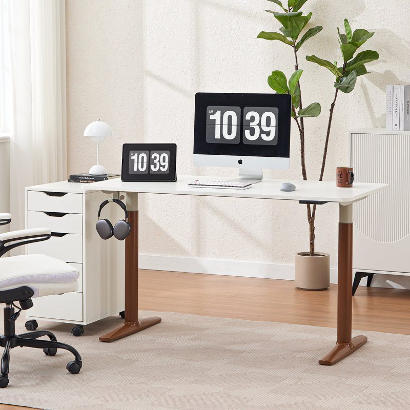 Electric Height Adjustable Standing Desk with Round Tube Column, 46" H x 55" W x 28" D, White/Red