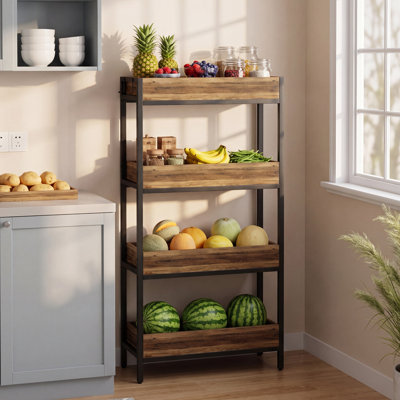 4-Tier 55" H Storage Rack with 4 Metal Hooks, Kitchen Storage Organizer for Living Room, Dining Room, Home Office