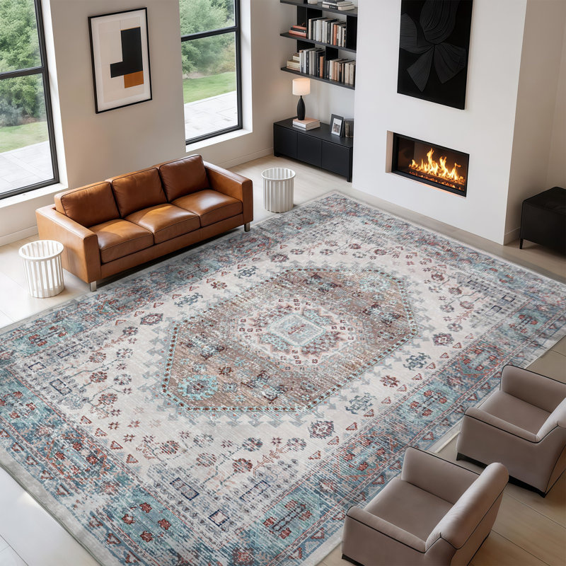 Tapis Boho Vintage Medallion, Blanc / Vert / Jaune, Rectangle 5 pi x 7 pi