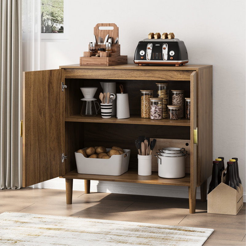 Large Capacity Cabinet - Mid-Century Modern Look, Made Of And Particle Board Brown Buffet Casual Style, Adjustable Storage Easy To Maintain