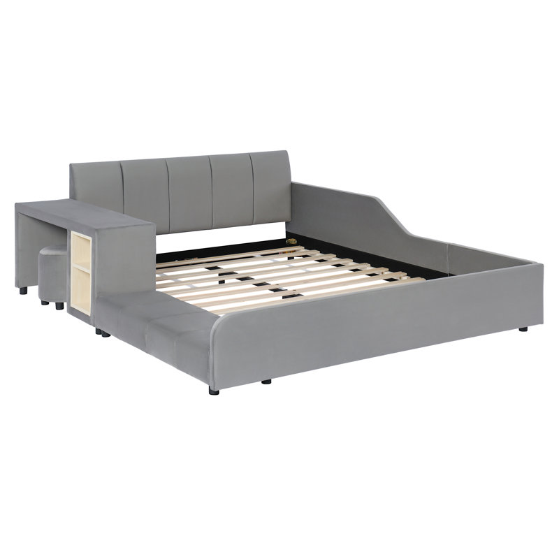 Lit de bébé pleine grandeur en velours avec bureau et petit tabouret rond, Lit double, Gris