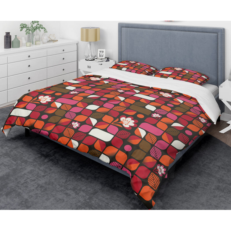 Ensemble de housse de couette Heart Mid-Century, Housse de couette simple + 1 taie décorative, Rétro géométrique
