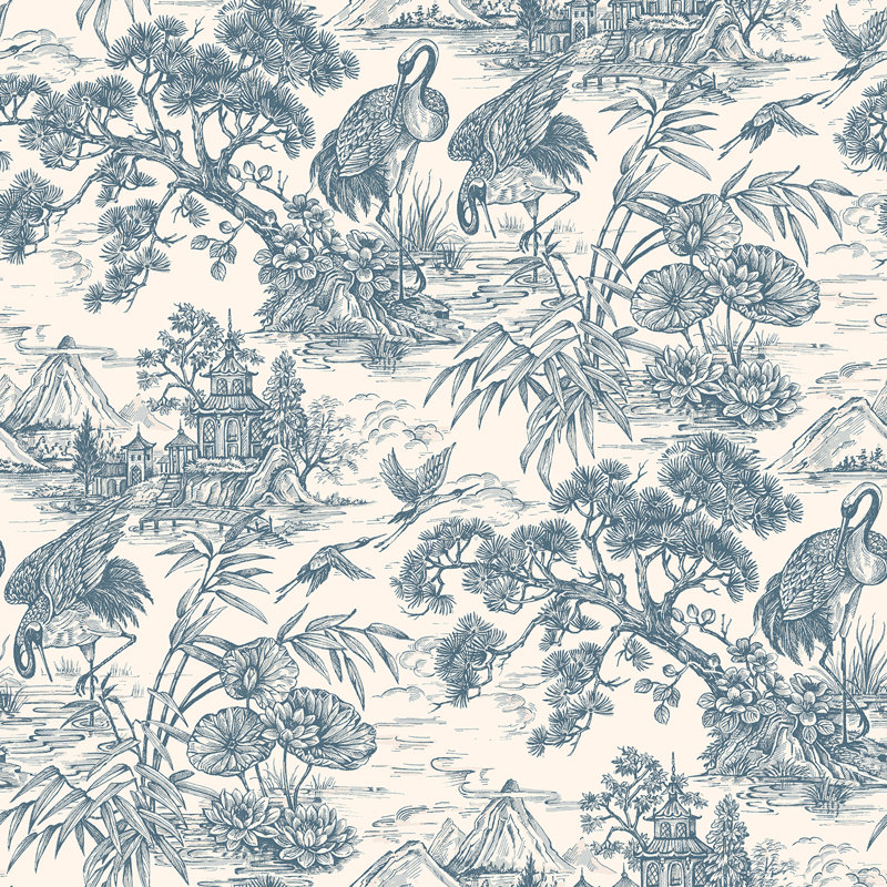 Papier peint non tissé Natori Crane, Crème / Bleu marine