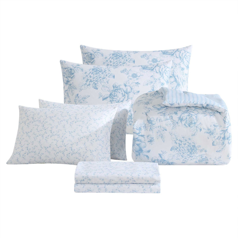 Laura Ashley Delphine Reversible Blue Comforter Bonus Set, Queen Comforter + 6 Additional Pieces