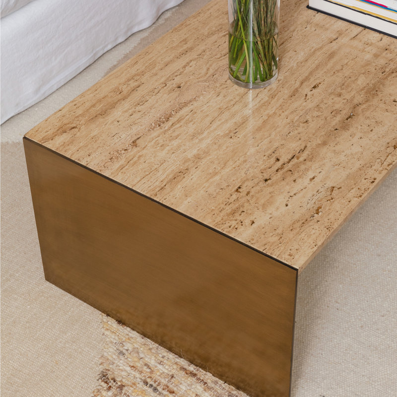 Keven Travertine Coffee Table, Natural and Brass