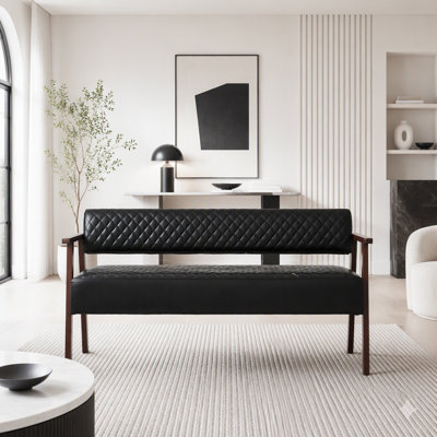 Banc en similicuir en polyuréthane avec accoudoirs en bois, banc de réception rembourré pour le bureau du salon, peut supporter jusqu'à 300 lb