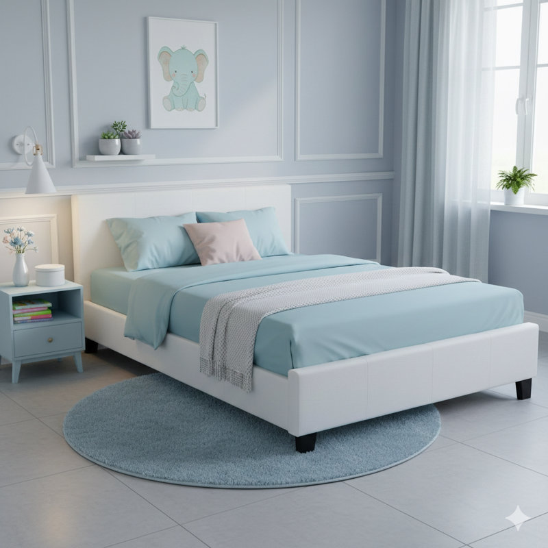 Lit une pièce grand classique blanc avec un cadre de lit tapissier en similicuir, avec des pieds en bois.