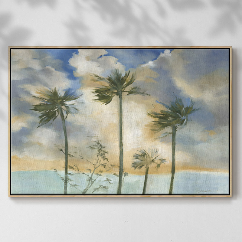 «Palmiers dans le vent», reproduction sur toile, H 25 po x l 37 po x P 2 po, Bois naturel