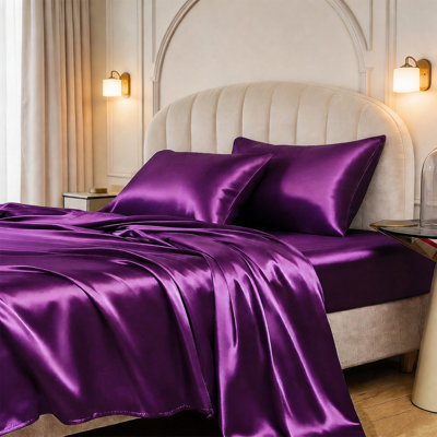 Ensemble de draps en satin 4 pièces pour lit simple, poche profonde de 15 pouces, draps luxueux et soyeux, infroissables, sommeil confortable, mauve prune