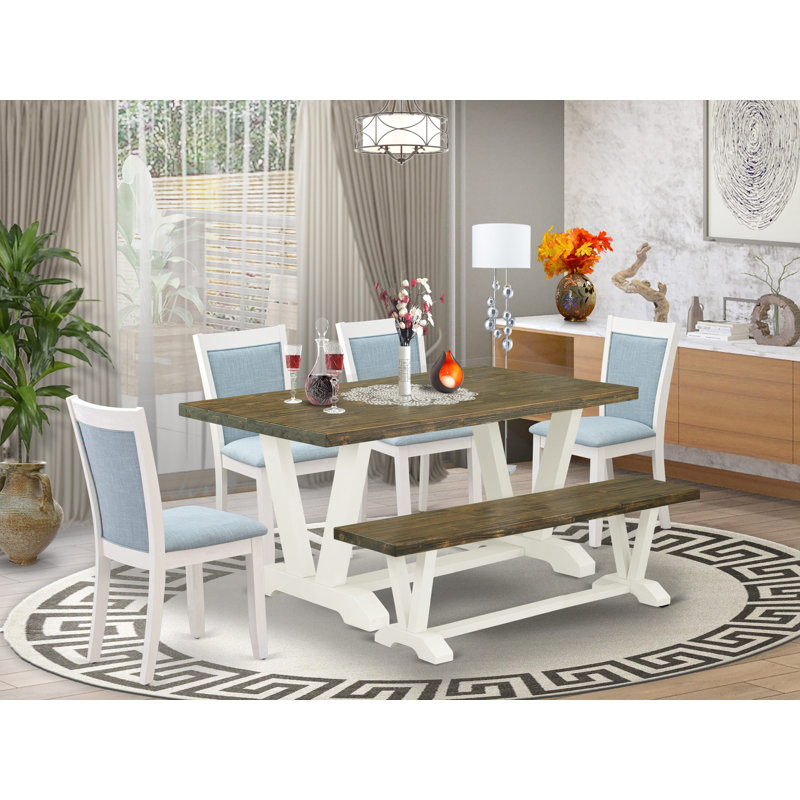 6-pc dining set includes a distressed Jacobean wooden table and a dining bench and 4 baby blue linen fabric kitchen chairs with high back-wire brushed linen white.