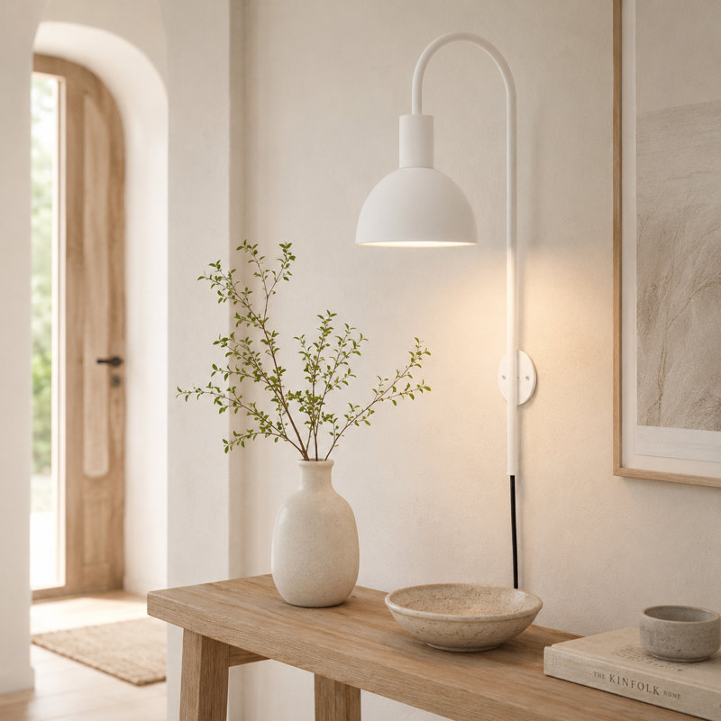 26" Modern Plug-In Wall Sconce with Metal Dome Shade, E26 Base, Easy Installation, Indoor Wall Light, Ivory, Ivory