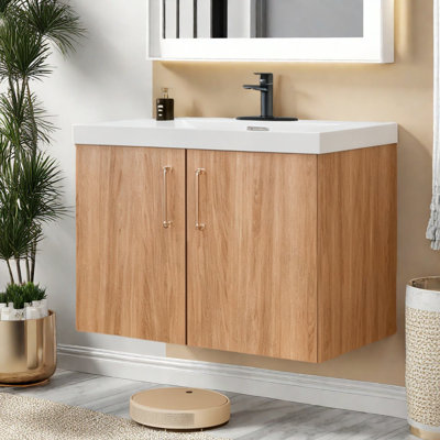 Meuble-lavabo moderne peu encombrant avec finition chêne doré et lavabo blanc