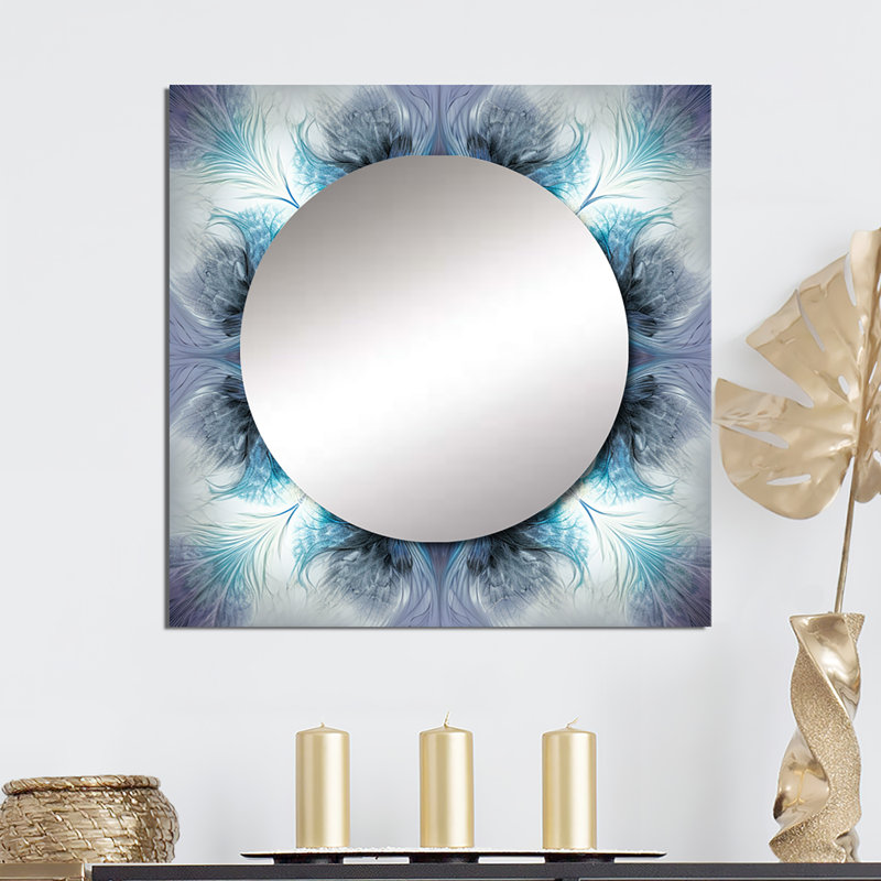 Brijender - Turquoise and White Fractal Flowers III Modern Geometric Square Mirror For Wall Art Decor, 29" x 29"