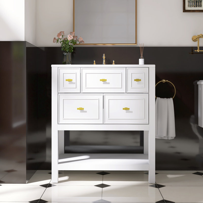 Meuble-lavabo sur pied simple avec 5 tiroirs, Blanc