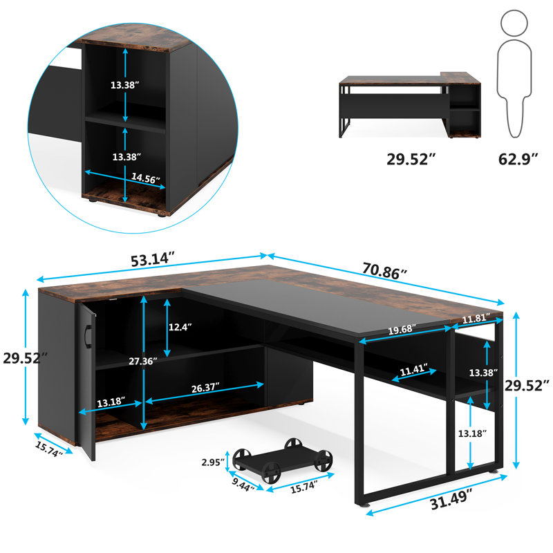 Bureau double caisson en L, Brun rustique / noir