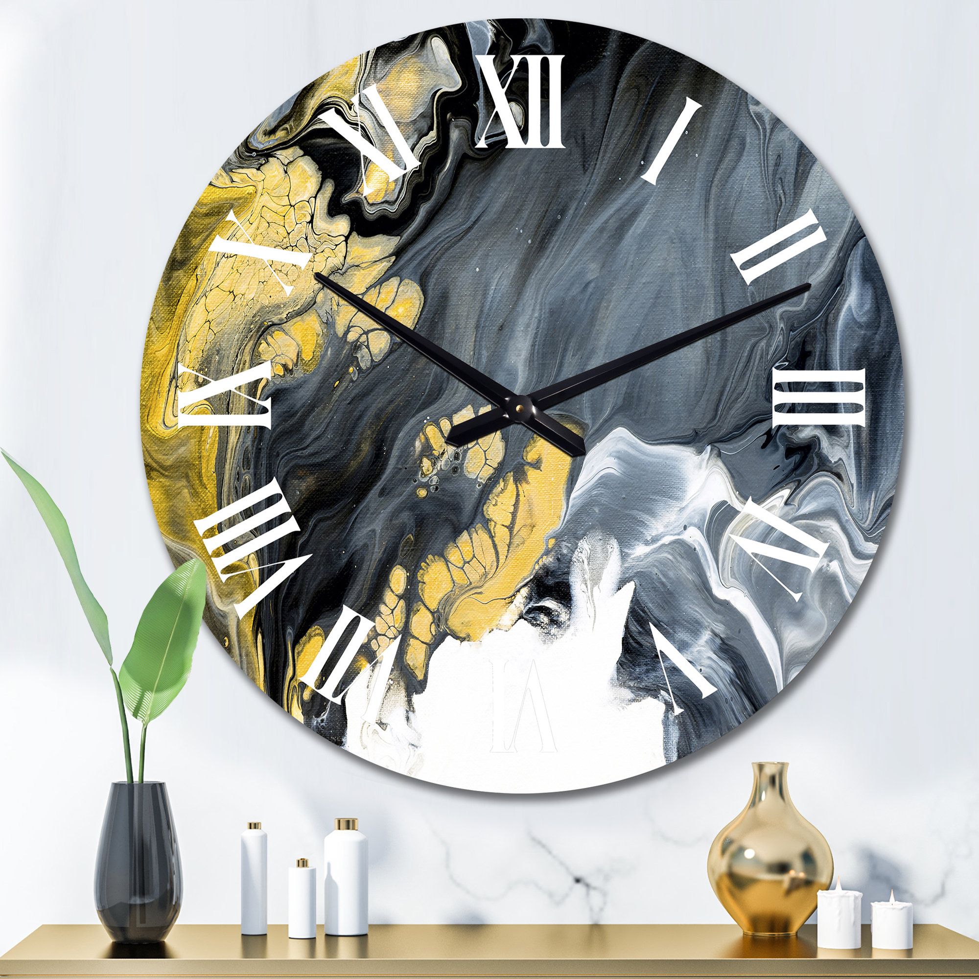 East Urban Home Black and Gold Creative Abstract - Modern Wall Clock ...