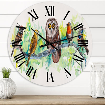 Owl On A Branch With Bird Friends - Traditional wall clock