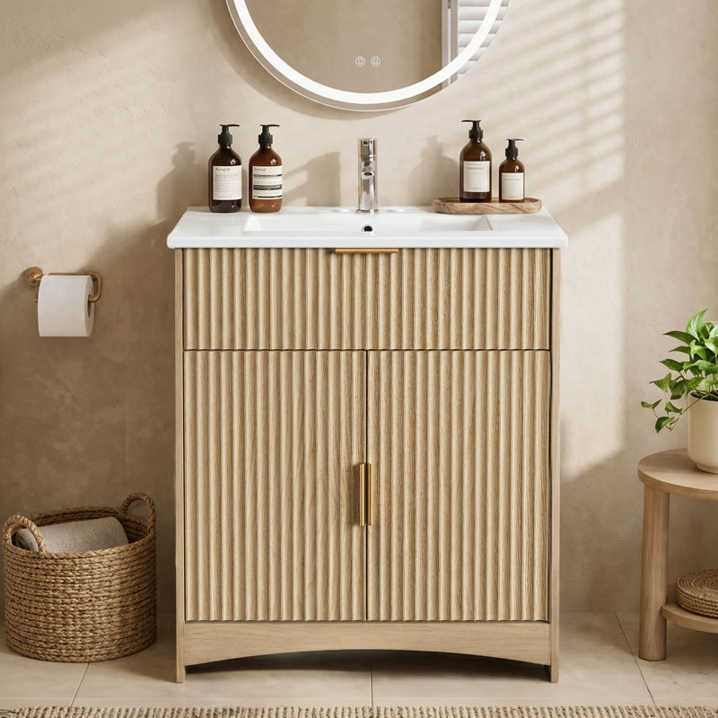 30" Modern Bathroom Vanity With Ceramic Sink, Fluted Undermount Sink Cabinet, 2 Doors & 1 Drawer, Freestanding Bathroom Storage Cabinet With Adjustable U-Shelf, Easy Installation