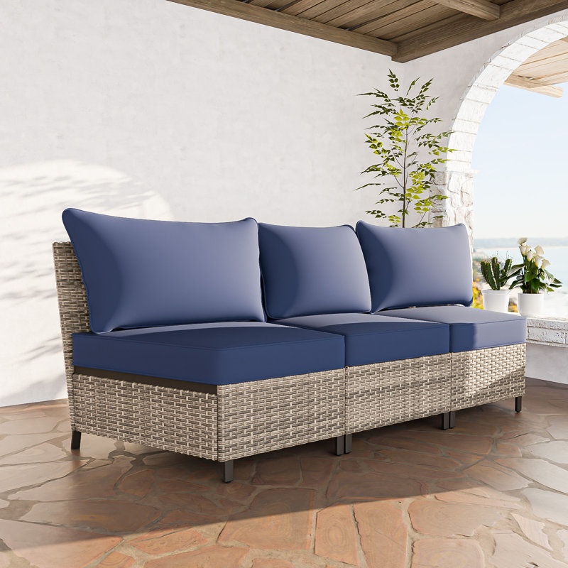 Canapé d'extérieur 3 places en osier avec coussin, Bleu très foncé
