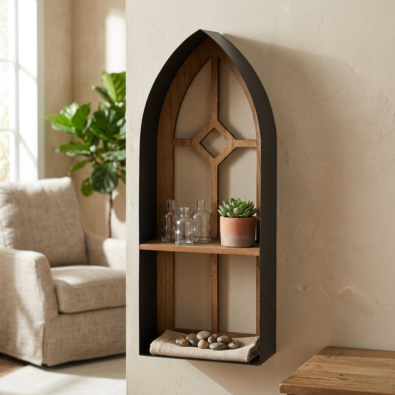 Meliora Cathdral Window Inspired Metal & Wood Wall Shelf, 23.75" H x 9" W x 4" D