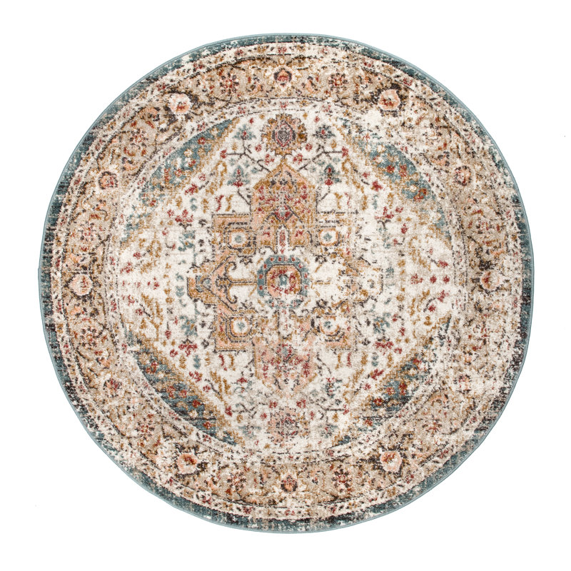Gulbranson Traditional Medallion Power Loom Performance Beige Rug, Round 5'