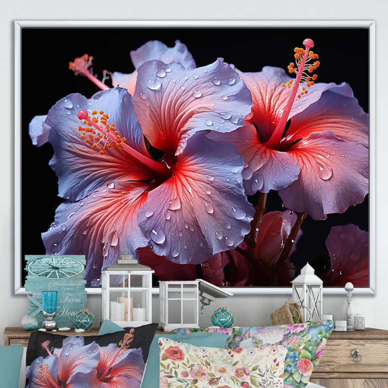 Hibiscus mauve moderne, impression sur toile, Cadre flottant blanc, H 16 po x l 32 po