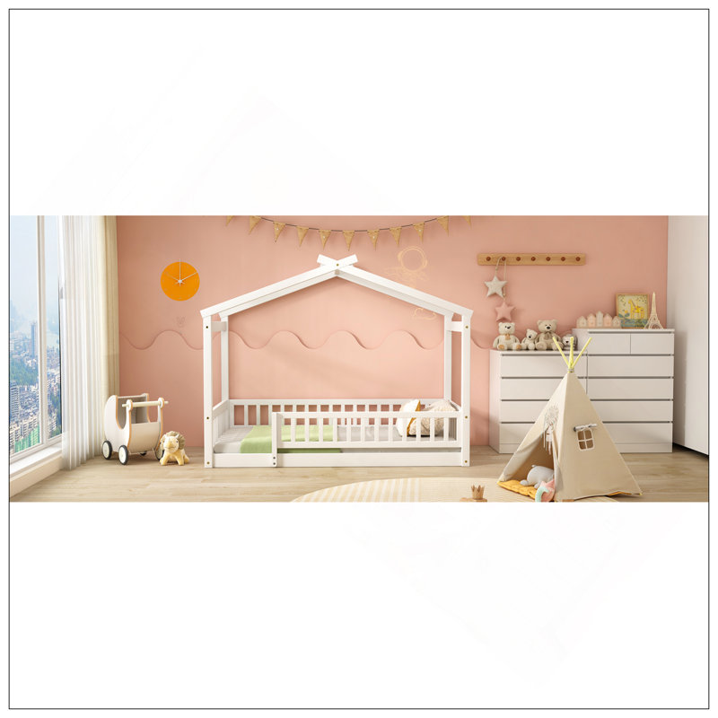 Cadre de lit en bois avec clôture, Lit simple, Blanc