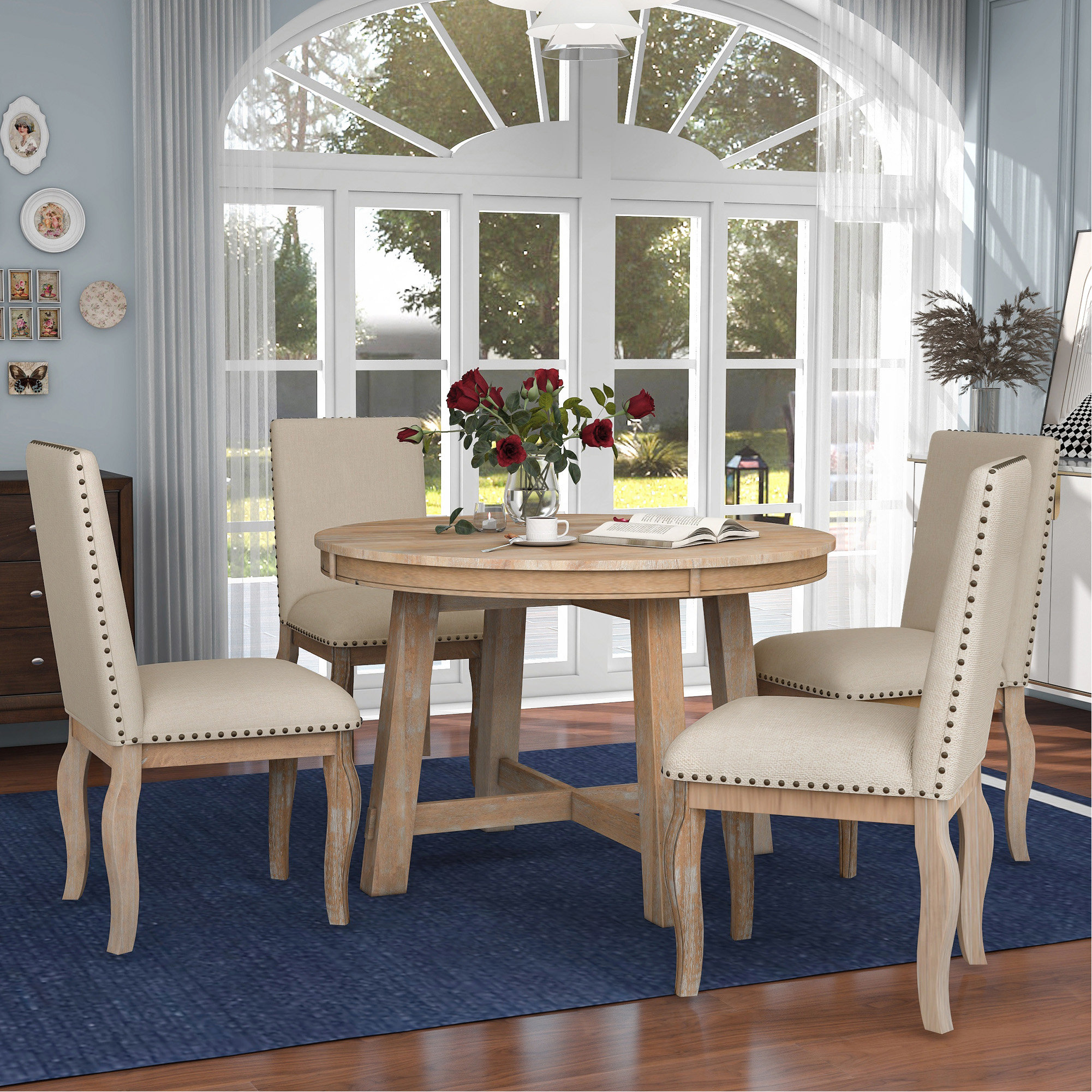 August Grove TREXM 5-Piece Farmhouse Dining Table Set Wood Round ...
